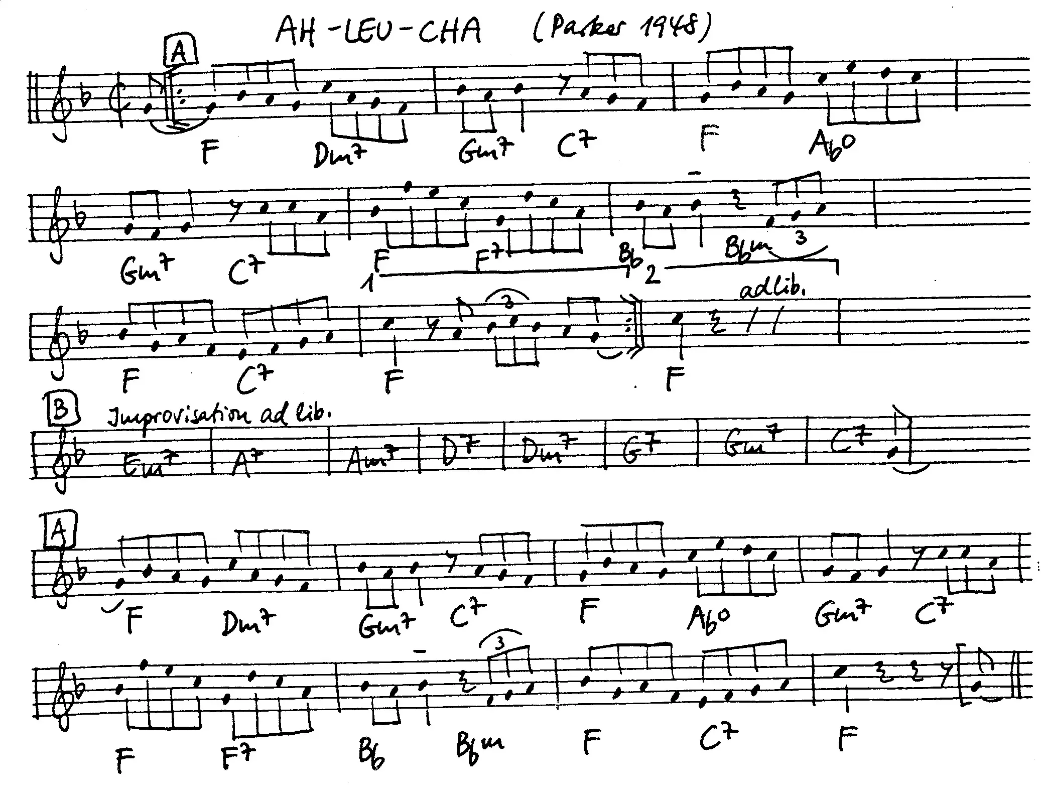 ah-leu-cha free jazz leadsheet - Courtesy of the Jungle Jazz Band