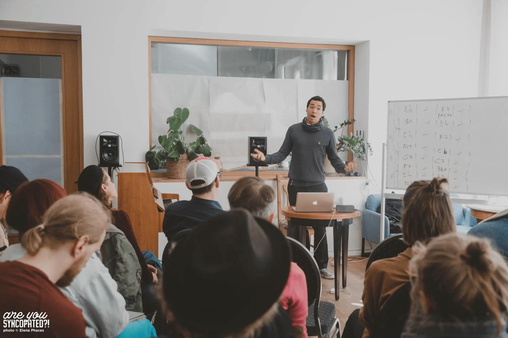 Laurent Humeau leading a jazz workshop, sharing New Orleans music techniques with musicians at The Jungle Jazz Band.